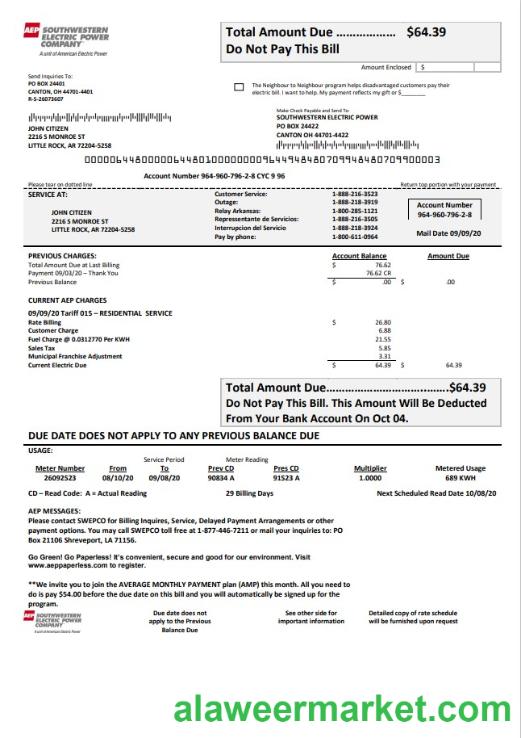 USA Louisiana AEP (Southwestern Electric Power Company) electricity utility bill template in Word and PDF format